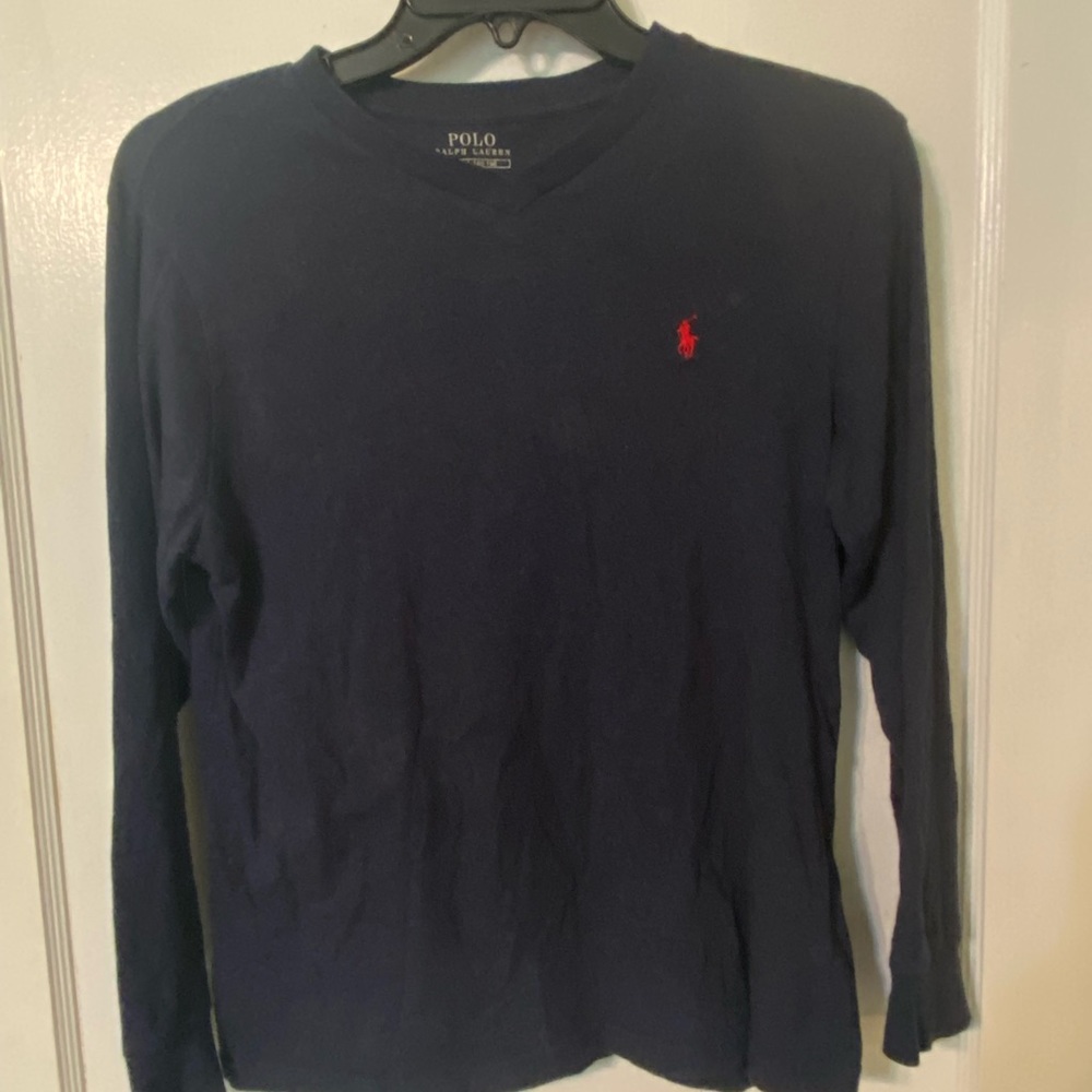 Long sleeve v neck blue polo